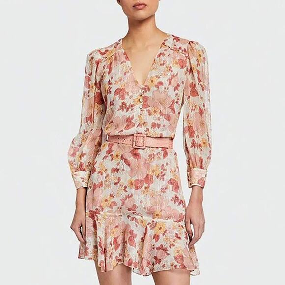 NWOT Veronica Beard CYBIL Ruffle Metallic Sparkle Floral Dress in Melon Size 8 - Picture 1 of 9